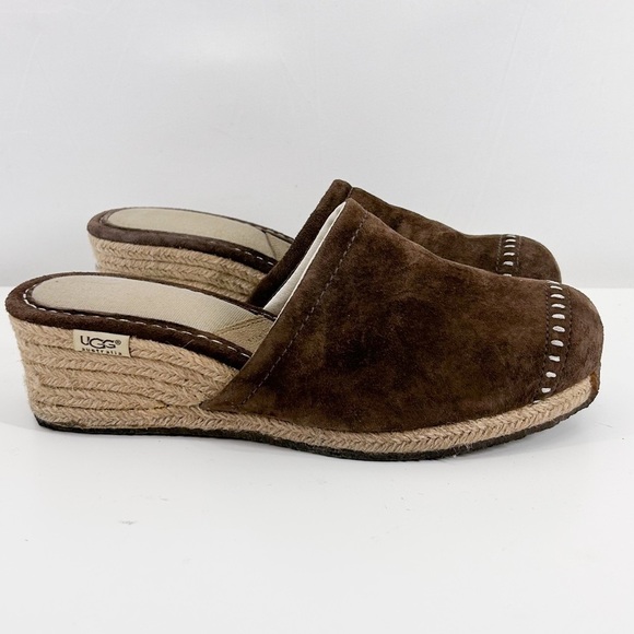UGG Shoes - UGG Brown Suede Leather Mules Wedge Espadrilles Slip On Sandals Size 9